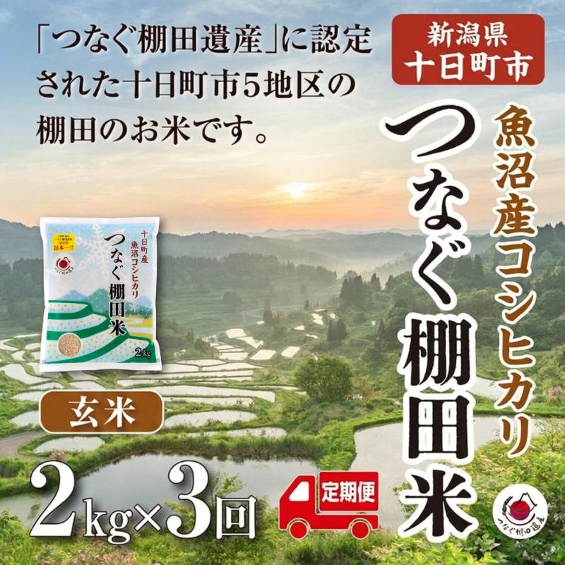 【ふるさと納税】【定期便／全3回】玄米2kg 令和7年産新潟県十日町市魚沼産コシヒカリ「つなぐ棚田米」 米 こしひかり 無洗米 十日町市　お届け：2026年11月下旬まで f152102-tokamachi-10004300 新潟県十日町市 パッケージ画像