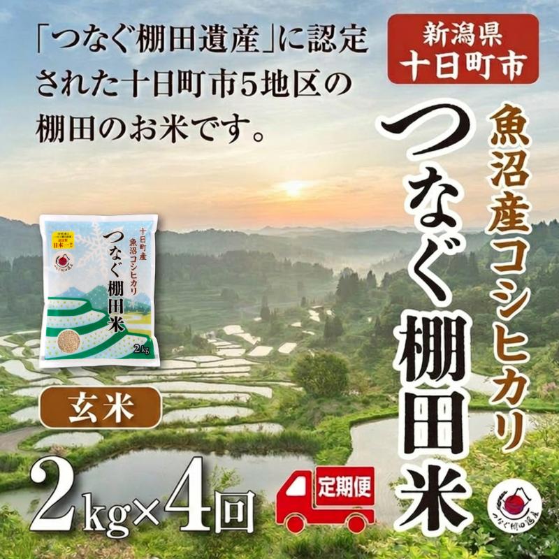【ふるさと納税】【定期便／全4回】玄米2kg 令和7年産新潟県十日町市魚沼産コシヒカリ「つなぐ棚田米」 米 こしひかり 無洗米 十日町市　お届け：2026年12月下旬まで f152102-tokamachi-10004296 新潟県十日町市 パッケージ画像