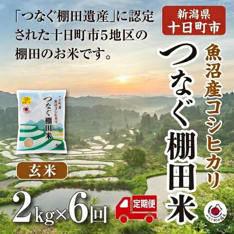 【ふるさと納税】【定期便／全6回】玄米2kg 令和7年産新潟県十日町市魚沼産コシヒカリ「つなぐ棚田米」 米 こしひかり 無洗米 十日町市　お届け：2027年2月下旬まで f152102-tokamachi-10004294 新潟県十日町市 パッケージ画像
