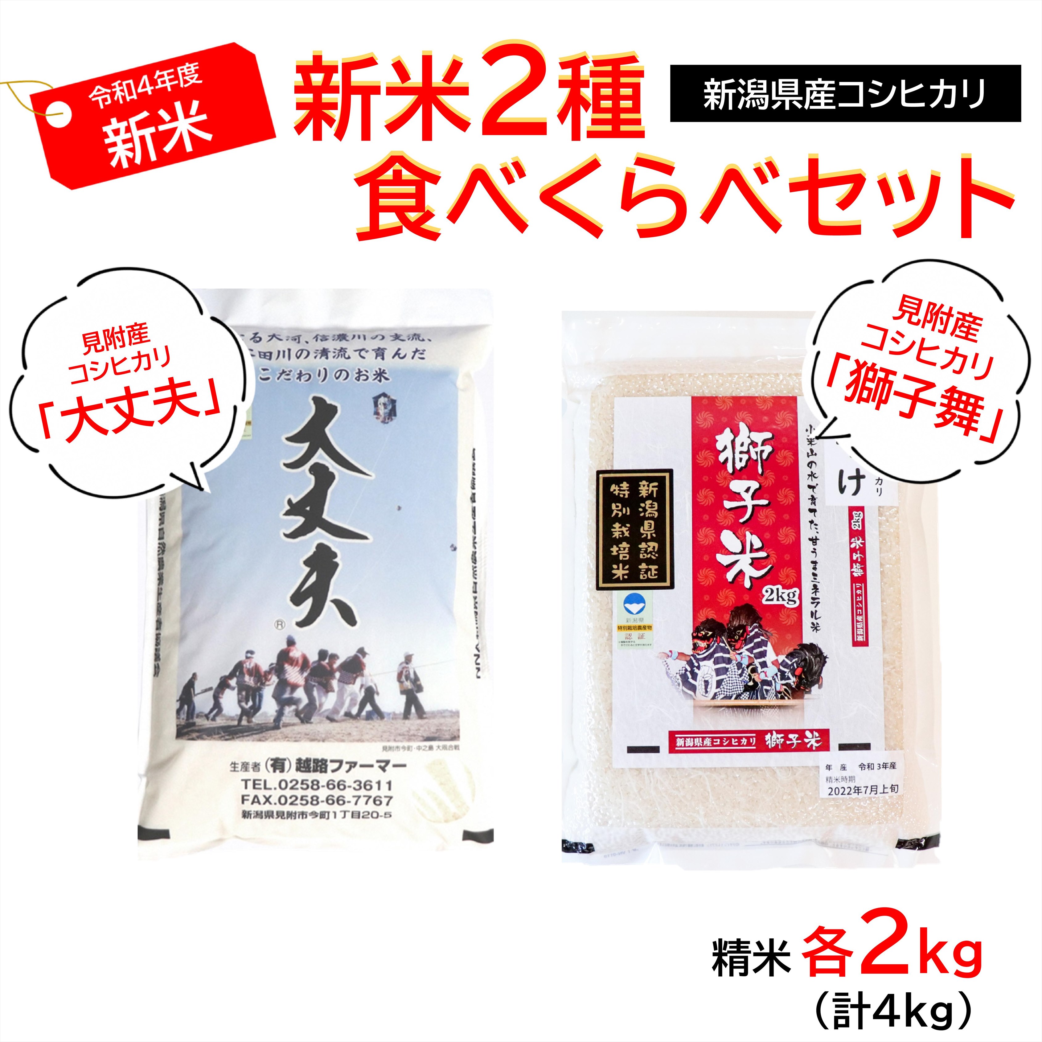 【ふるさと納税】新潟特別栽培米令和4年産新米食べくらべセットコシヒカリ2種「獅子米」&「大丈夫」精米4kg(2kg×2種)送料無料県認証米安心安全