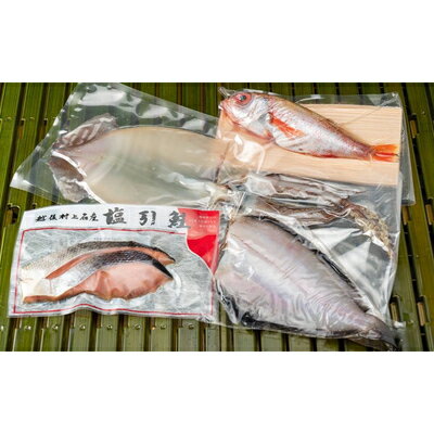 塩引鮭とイカ一夜干し・地魚塩水漬 4種セット 塩引鮭 ノドグロ塩水漬 クロカレイ塩水漬 イカ一夜干し 塩引き鮭 鮭 切り身 シャケ さけ サケ 焼き魚 魚 魚介類 おつまみ 国内産 国産 新潟県 村上市 越後村上名物 冷凍