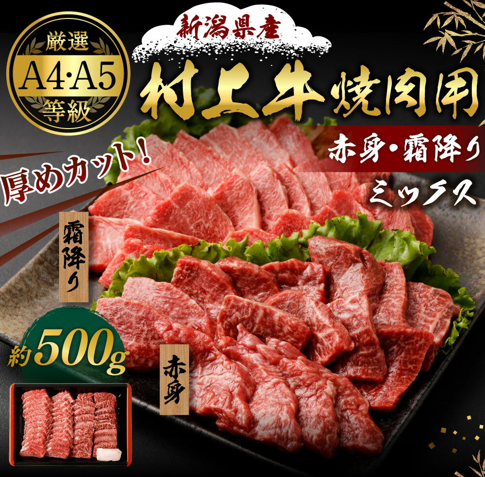 【ふるさと納税】A4・A5等級 村上牛 焼肉用 約500g×1パック 約2～3人前 赤身と霜降りミックス 厚めカット 生産者直送 にいがた和牛 冷凍 国産 新潟県 村上市 santaふぁーむ [B4001]