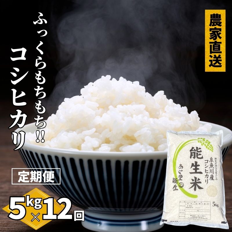 米 白米 米5kg【定期便】新潟県産 コシヒカリ 5kg×12回 毎月お届け 計60kg 令和5年産 特別栽培米『能生米』新潟米 農家自慢 糸魚川 プロが認めたうまい米 あぐ里能生 ふっくらもちもち 精米したてを農家直送 精米 おにぎり 弁当 コシヒカリ5kg 12か月定期便