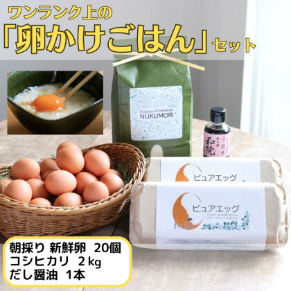 究極の卵かけご飯セット 農家自慢のコシヒカリ2kg 朝採り新鮮たまご20個 だし醤油1本 優しい甘さが自慢のピュアエッグ TKG 新潟県 糸魚川 フェルエッグ こしひかり 白米 卵かけご飯 朝食 料理 美味しい セットでお届け