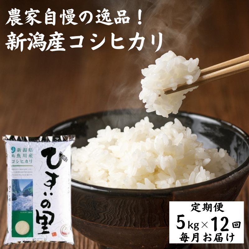 米 白米 米5kg【定期便】新潟産コシヒカリ 5kg×12回 毎月お届け 計60kg 令和5年産 特選米『ひすいの里』豊かな自然が育んだ美味い米 新潟米 農家自慢 糸魚川 米作りのプロ 地元農家 JA 自信作 ふっくらもちもち 農家直送 精米 おにぎり 弁当 12か月定期便