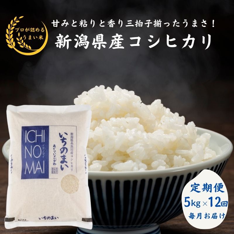 米 白米 米5kg[定期便]新潟県産こしひかり 5kg×12回 毎月お届け 計60kg 令和5年産 糸魚川産『特選いちのまい』清らかな湧水と澄んだ空気に育まれた恵みの米 プロが認めたうまい米 新潟米 ふっくらもちもち 農家直送 自慢 精米 おにぎり 弁当 12か月定期便