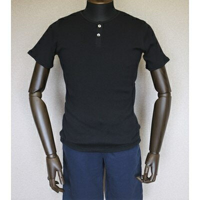 コットンリブヘンリーネック半袖Tシャツ(メンズ)ブラック・XL