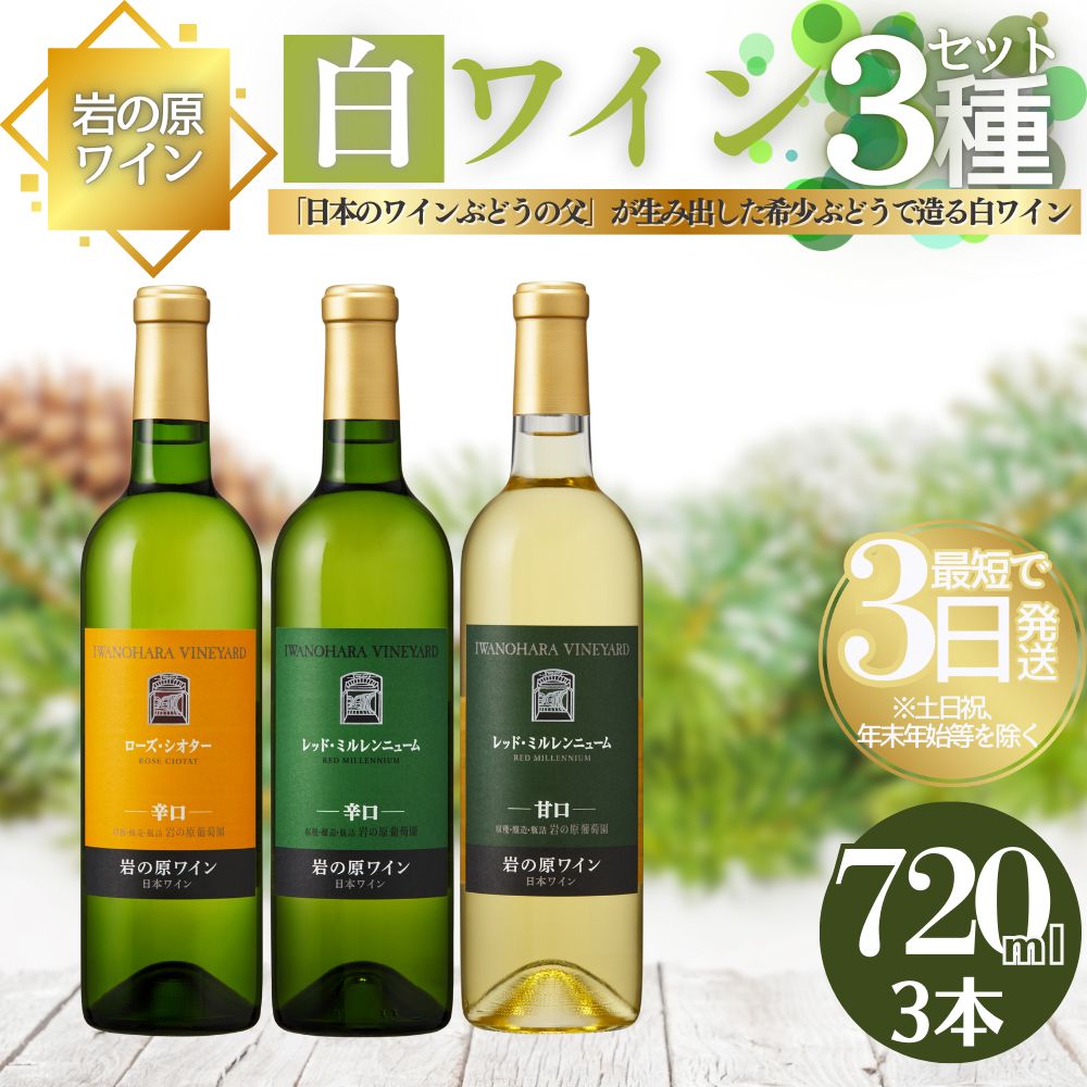 【ふるさと納税】ワイン 岩の原ワイン 希少ぶどう品種 白 3本 セット お酒 おすすめ 岩の原 ふるさと納税 酒 新潟 上越　お届け：入金確認後、順次発送いたします。のサムネイル