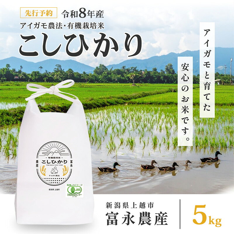 【ふるさと納税】先行予約 令和8年 新潟県産コシヒカリ 【アイガモ農法】 5kg 5キロ JAS有機栽培米 上越市 三和区神田 富永農産　お届け：2026年10月中旬～12月下旬まで