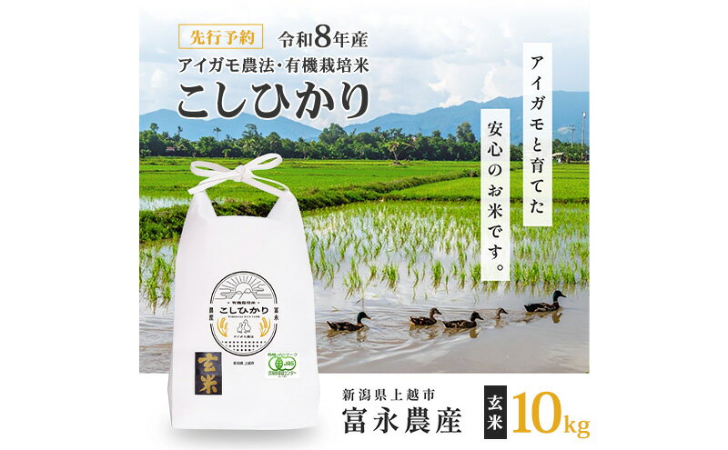 【ふるさと納税】先行予約 令和8年 新潟県産コシヒカリ 【アイガモ農法】 玄米 10kg 10キロ（5kg×2） JAS有機栽培米 上越市 三和区神田 富永農産 こしひかり　お届け：2026年10月中旬～12月下旬まで