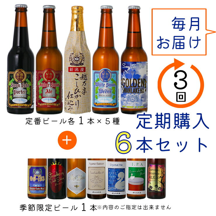 【ふるさと納税】 ビール スワンレイクビール 3回定期便 世界一金賞受賞入り＆季節限定ビール入り飲み比べ6本セット 阿賀野市 新潟県 阿賀野 クラフト 飲み比べ クラフトビール 地ビール ビール お酒 酒 詰め合わせ 故郷納税
