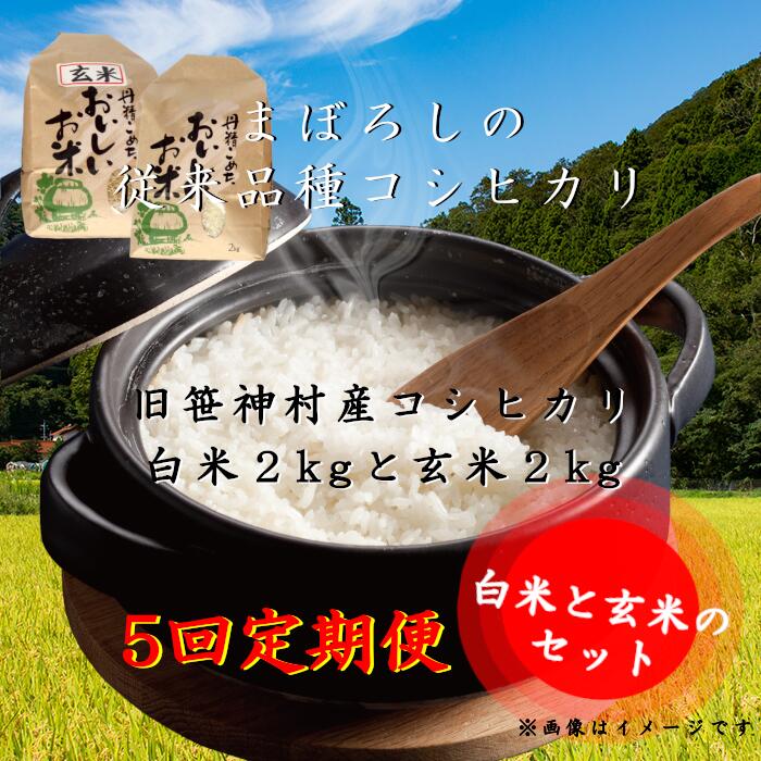 [5回定期便]旧笹神村産 コシヒカリ 白米2kgと玄米2kg 計4kg