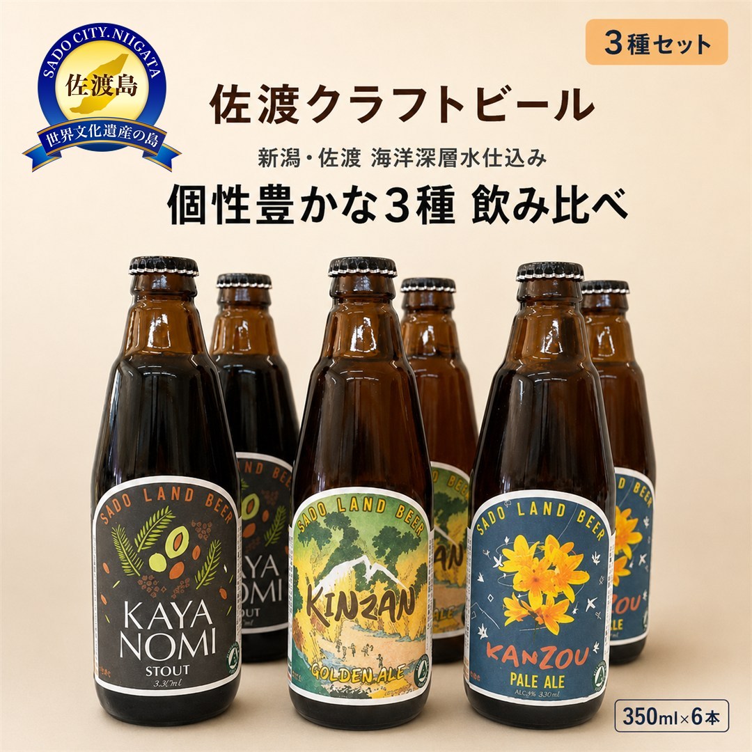 返礼品の内容について 返礼品名 佐渡　クラフトビール　金山・カンゾウ・新之助　350ml×6本 返礼品について 金井のイタリアンレストラン「クッチーナ」が佐渡海洋深層水で仕込んだ個性豊かなクラフトビールです。佐渡にこだわり、佐渡産新之助米を使用したゴールデンエール、佐渡に咲き誇るカンゾウを使用したペールエール、佐渡産カヤの実を使用したスタウトが楽しめます。ゴールデンエールビールは名前の通り、淡い金色が由来になっています。アルコール度数が低めでホップの香り控えめ、モルトの甘みが優しく感じるのが特徴です。ペールエールは柑橘(かんきつ)のホップの香りが華やかに感じる軽快さが特徴です。スタウトは英語で「強い」という意味を持ちます。いわゆる黒ビールですが、コーヒー豆を使用していることもあり香ばしさが心地よいです。※画像はイメージです。※海上荒天や天候等に伴いフェリーが欠航した場合、お荷物のお届けに遅延等が発生する可能性がございます。※保存方法：冷蔵庫で保管をお願いいたします。※20歳未満の飲酒は法律で禁止されています。事業者名：佐渡の地酒・北村酒店連絡先：0259-74-2256【関連キーワード】お酒 さけ 人気 おすすめ 送料無料 ギフト 内容量・原材料等 ・金山（ゴールデンエール[350ml×2本]）・カンゾウ（ペールエール[350ml×2本]）　　・新之助（スタウト[350ml×2本]）　製造地:新潟県佐渡市 発送時期 入金確認後約1週間以内に配送いたします 発送方法 冷蔵配送 消費期限 発送から1か月以内 提供元 佐渡の地酒・北村酒店 ・ふるさと納税よくある質問はこちら ・寄付申込みのキャンセル、返礼品の変更・返品はできません。あらかじめご了承ください。 新潟県佐渡市について ■海に浮かぶ「日本の縮図」 日本海に浮かぶ佐渡島は「日本の縮図」とも言われ、沖縄本島に次いで日本で2番目に大きな島です。 気候は本土よりも夏涼しく、冬は温暖です。島の北に大佐渡山地、南に小佐渡山地があり、それに挟まれて国中平野が広がっています。 流人たちがもたらした貴族文化、金山の発展による江戸からの武家文化、商人、船乗りが運んだ町人文化が渾然一体となり、独特の文化を育んでいます。佐渡　クラフトビール　金山・カンゾウ・新之助　350ml×6本