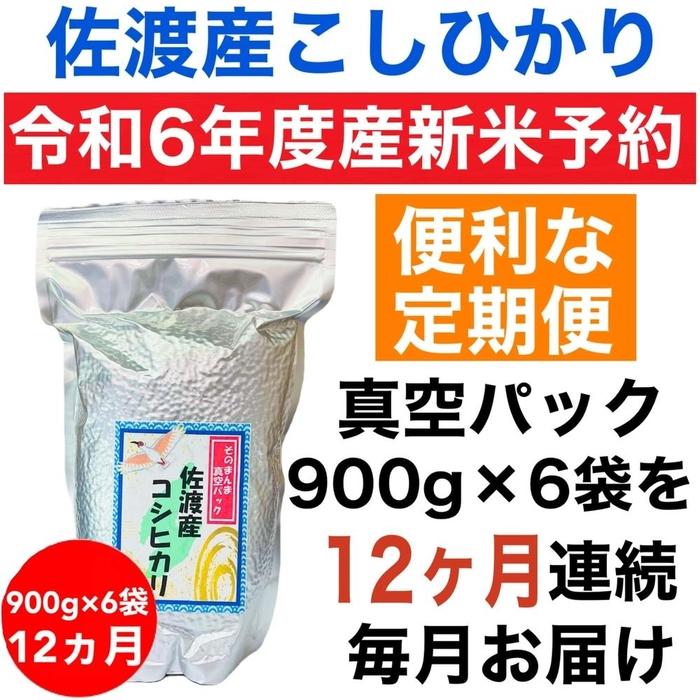 【令和6年度産新米・定期便予約】佐渡羽茂産コシヒカリ そのまんま真空パック 900g×6袋(精米)　全12回 | お米 こめ 白米 食品 人気 おすすめ 送料無料