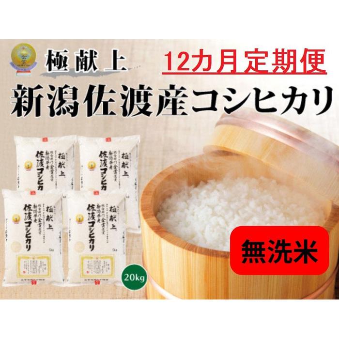 無洗米20kg 新潟県佐渡産コシヒカリ20kg(5kg×4)×12回「12カ月定期便」 | お米 こめ 白米 食品 人気 おすすめ 送料無料