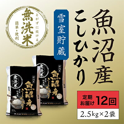 【ふるさと納税】雪室貯蔵 魚沼産 コシヒカリ 無洗米 5kg (2.5kg×2) 12ケ月 連続お届け ( 米 定期便 お米 こめ コメ おこめ 白米 こしひかり 12回 60kg お楽しみ )　【定期便・ 新潟県 魚沼市 】のサムネイル