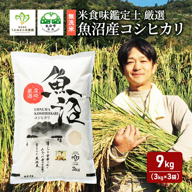 【ふるさと納税】【令和5年産】【無洗米】「米食味鑑定士　厳選」魚沼産コシヒカリ　9kg（3kg×3袋）　【お米・コシヒカリ・米・無洗米・魚沼産コシヒカリ・9kg】　お届け：発送の目安：入金確認から2週間程度