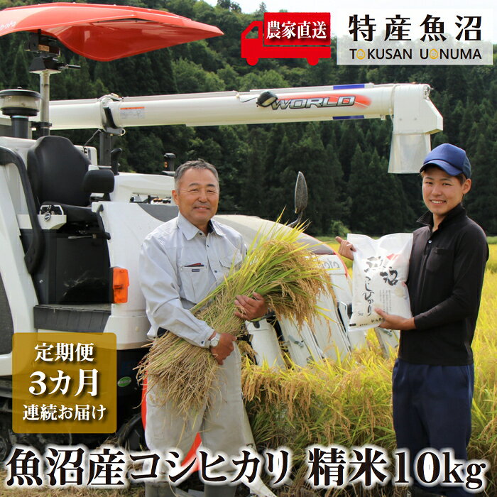 【ふるさと納税】農家直送！ 魚沼産 コシヒカリ 精米 10kg （ 5kg × 2袋 ） 3ヶ月 連続お届け （ 米 定期便 こしひかり お米 こめ コメ 魚沼産コシヒカリ 魚沼 新潟 魚沼産こしひかり おこめ 白米 定期 お楽しみ 3回 ）　お届け：寄附入金確認後の翌月より発送