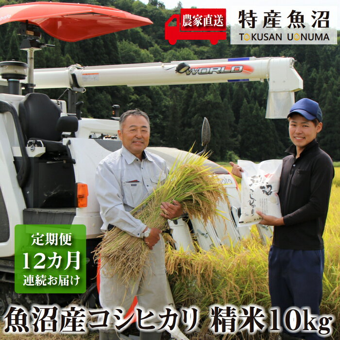 【ふるさと納税】農家直送！ 魚沼産 コシヒカリ 精米 10kg （ 5kg × 2袋 ） 12ヶ月 連続お届け （ 米 定期便 こしひかり お米 こめ コメ 魚沼産コシヒカリ 魚沼 新潟 魚沼産こしひかり おこめ 白米 定期 お楽しみ 12回 ）　お届け：寄附入金確認後の翌月より発送