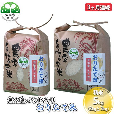 【定期便】魚沼産コシヒカリ おりたて米 精米5kg（2kgと3kg) 3ヶ月連続　【定期便・お米・コシヒカリ・魚沼産・米・3カ月・3回】