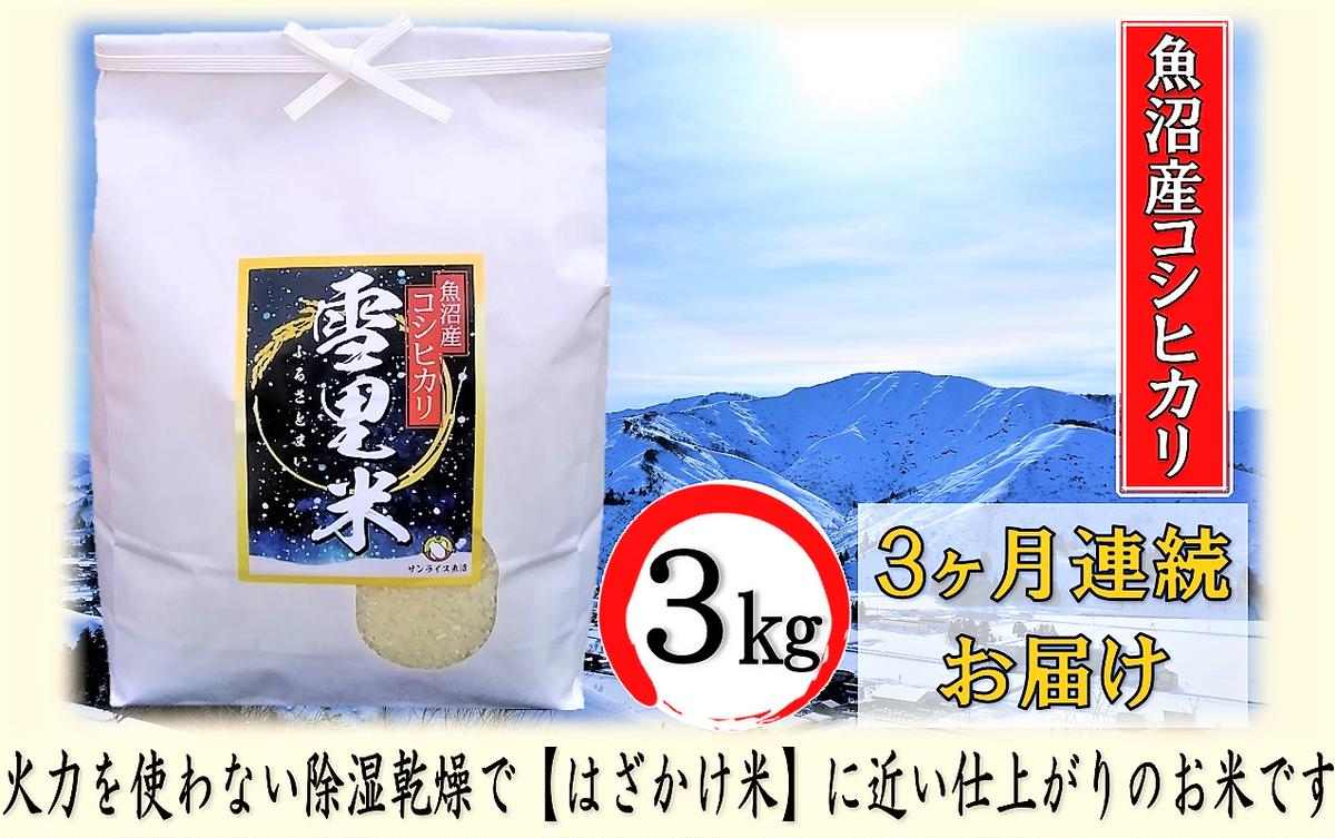 【ふるさと納税】生産者直送！魚沼産コシヒカリ【雪里米 ふるさとまい】 精米 3kg 3ヶ月連続お届け　【定期便・ お米 ライス ご飯 主食 新潟県産 産地直送 定期便 3回 】