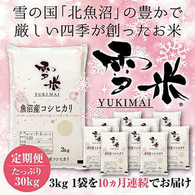 『定期便』魚沼産コシヒカリ精米『雪米YUKIMAI(登録商標)』3kg雪の国から～　全10回　【定期便・ お米 白米 ブランド米 銘柄米 ご飯 おにぎり お弁当 和食 主食 国産 炭水化物 産地直送 】