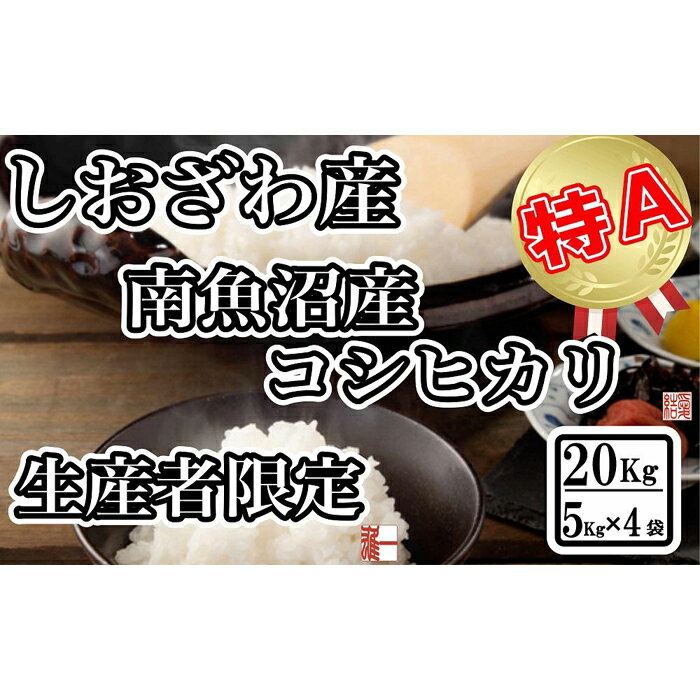 ・ふるさと納税よくある質問はこちら ・寄付申込みのキャンセル、返礼品の変更・返品はできません。あらかじめご了承ください。 ・ご要望を備考に記載頂いてもこちらでは対応いたしかねますので、何卒ご了承くださいませ。 ・寄付回数の制限は設けておりません。寄付をいただく度にお届けいたします。 商品概要 国内屈指の豪雪地域である南魚沼しおざわ地域、その豪雪を源とした豊富で清涼な水とコシヒカリ栽培に好適な盆地特有の昼夜の寒暖差のある気候と土壌との三条件が相まって生育された【南魚沼しおざわ産コシヒカリ】 地域の契約篤農家の手塩にかけたお米作りでその特徴である香り・つや・粘りは一段とひきだされ、まさに【極上】の逸品です。 発送直前に精米し新鮮なお米をお届けいたします。 （毎年10月新米に切替予定） 【品種・産地】 コシヒカリ　うるち精米　新潟県南魚沼市産(旧塩沢町産)　単一原料米 【お問合せ】発送事業者（雪国の米問屋 雄一商店　TEL：090-3647-8162） 関連キーワード：お米 こめ 白米 食品 人気 おすすめ 送料無料 内容量・サイズ等 20Kg（5Kg ×4袋） 賞味期限 精米日より30日【オススメ】精米日は別途商品裏に記載　※冷暗所で保存してください。 配送方法 常温 発送期日 準備でき次第、順次発送致します。 アレルギー 特定原材料等28品目は使用していません ※ 表示内容に関しては各事業者の指定に基づき掲載しており、一切の内容を保証するものではございません。 ※ ご不明の点がございましたら事業者まで直接お問い合わせ下さい。 名称 うるち精米 産地名 新潟県南魚沼産 品種 コシヒカリ 産年 令和5年産 使用割合 単一原料米 精米時期 別途商品ラベルに記載 事業者情報 事業者名 雪国の米問屋 雄一商店 連絡先 090-3647-8162 営業時間 9:00-18:00 定休日 土日祝祭日及び年末年始「ふるさと納税」寄付金は、下記の事業を推進する資金として活用してまいります。 （1）南魚沼市の応援 （2）保健・医療・福祉 （3）教育・スポーツ・文化の振興 （4）産業振興・環境共生 （5）都市基盤・行財政改革 （6）国際大学の応援と交流の推進 （7）北里大学の応援と交流の推進