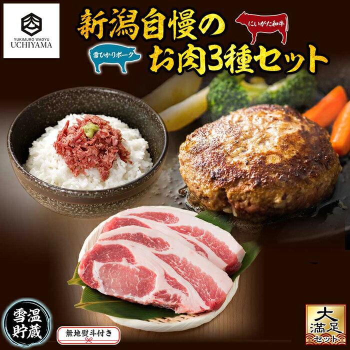 【ふるさと納税】無地熨斗 コンビーフ 70g ＆ ハンバーグ 150g 2個 計300g ＆ 豚肩ロース 130g 2枚 計260g にいがた和牛 黒毛和牛 国産 雪ひかりポーク 新潟県 南魚沼市 冷凍 のし gift お土産 プレゼント 贈答 贈答品 YUKIMURO WAGYU UCHIYAMA 内山肉店