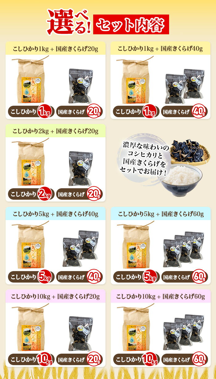 【ふるさと納税】国産きくらげ＋棚田米きんのあき セット 新潟県産こしひかり 新米 令和8年産 コシヒカリ 特別栽培米 選べる 内容量 1kg 2kg 3kg 5kg 10kg 小分け 5kg×2袋 乾燥 きくらげ 無添加 オーガニック 美容 健康 食物繊維 ビタミンD 干しきくらげ 佃煮 お取り寄せ f152277-tainai-10000363 新潟県胎内市 サンプル画像2