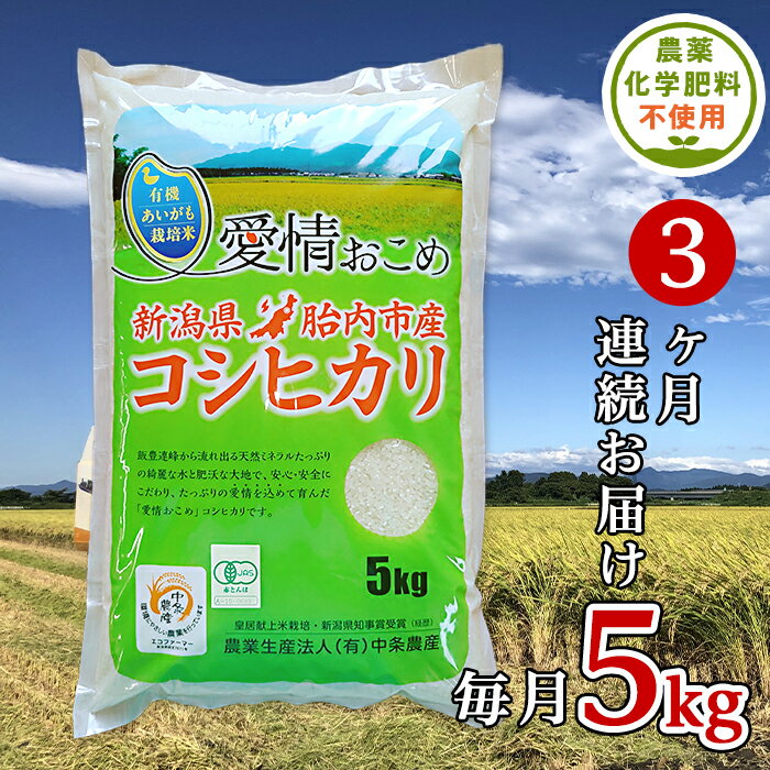 令和5年 無農薬 米 定期便 3回 5kg 新潟 コシヒカリ 新潟こしひかり 白米 16-06[3ヶ月連続お届け]新潟県胎内産JAS有機合鴨栽培コシヒカリ5kg(精米)