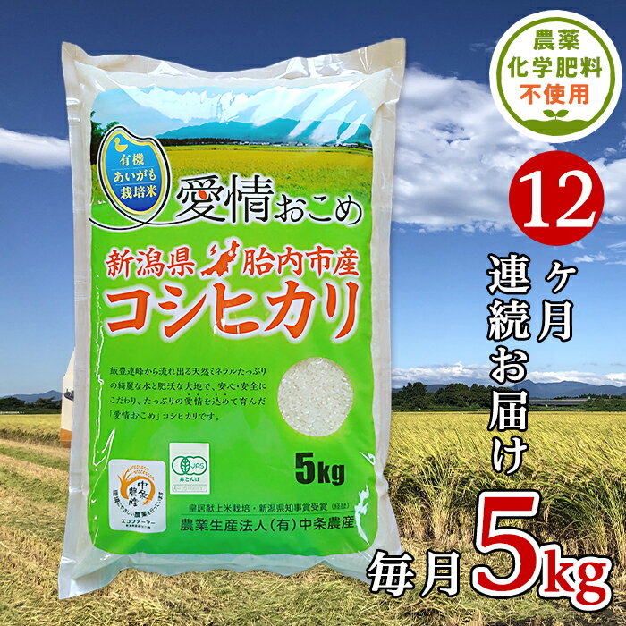 令和5年 無農薬 米 定期便 12回 5kg 無洗米 新潟 コシヒカリ 新潟こしひかり 白米 16-17[12ヶ月連続お届け]新潟県胎内産JAS有機合鴨栽培コシヒカリ5kg(精米)