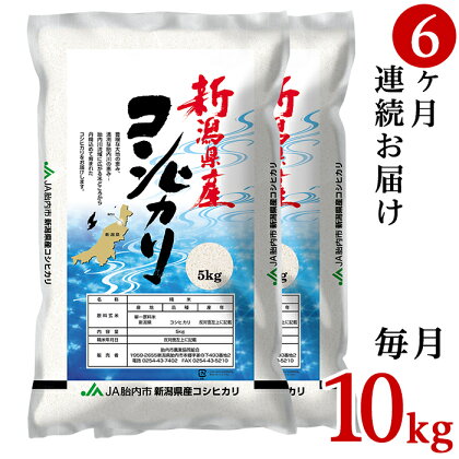 令和5年 米 定期便 10kg 5kg×2袋 6回 新潟こしひかり 白米 23-K106R5【6ヶ月連続お届け】新潟県中条産コシヒカリ10kg（5kg×2袋）