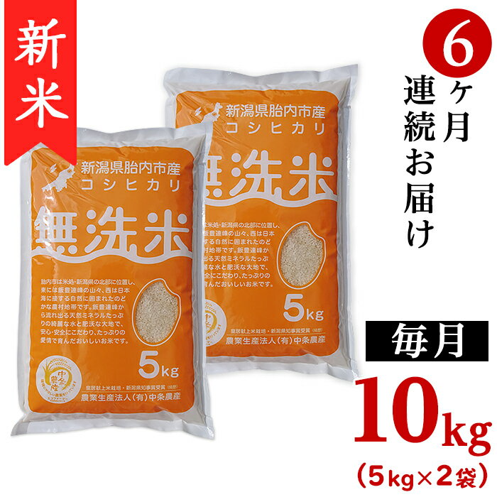 【ふるさと納税】米無洗米定期便10kg6ヶ月令和4年白米16-M106【6ヶ月連続お届け】新潟県胎内市産コシヒカリ【無洗米】10kg(5kg×2袋)