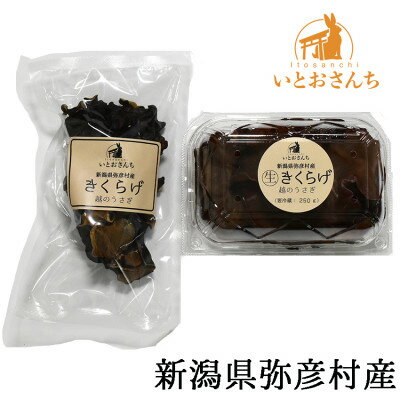 名称 新潟県弥彦村産　越のうさぎ 　生きくらげ250g、乾燥きくらげ25g　詰め合わせセット 保存方法 冷蔵 発送時期 2024年5月より順次発送※生産・天候・交通等の事情により遅れる場合があります。 提供元 株式会社いとおさんち 配達外のエリア 離島 お礼品の特徴 ご飯が美味しく食べられる世界を目指し、 地熱を使用した環境に優しい温室で1年を通して温度・湿度を調整されながら愛情いっぱいに育ったきくらげです。 手のひらサイズでぷりぷりの肉厚食感は食べ応えがあります! 栄養価も高く、ぷりぷりで美味しい「越のうさぎ」の きくらげをぜひご賞味ください。 ■生産者の声 いとおさんちでは地熱を利用した独自の生産システムによって年間を通して安定栽培を実現。 栽培期間中農薬不使用のこだわり、1枚1枚手作業で愛情たっぷりに収穫しました。 ■お礼品の内容について ・生きくらげ[250g×1パック] 　　原産地:新潟県弥彦村 　　賞味期限:出荷日+7日 ・乾燥きくらげ[25g×1パック] 　　原産地:新潟県弥彦村/加工地:新潟県弥彦村 　　賞味期限:製造日から6か月 ■原材料・成分 新潟県弥彦村産　生きくらげ 新潟県弥彦村産　乾燥きくらげ ■注意事項/その他 生きくらげは生ものです。冷蔵庫で保管し、7日以内にお召し上がりください。 乾燥きくらげは冷暗所で保管し、6か月以内にお召し上がりください。 ・ふるさと納税よくある質問はこちら ・寄附申込みのキャンセル、返礼品の変更・返品はできません。あらかじめご了承ください。このお礼品は以下の地域にはお届けできません。 ご注意ください。 離島