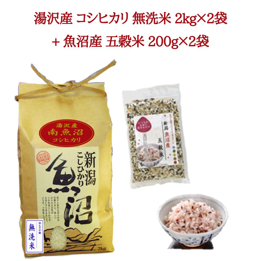 【ふるさと納税】令和5年産 湯沢産コシヒカリ 無洗米2kg×2袋（計4kg）・「日本で唯一」魚沼産 五穀米 200g×2袋（計400g）魚沼最上流域 魚沼産コシヒカリ