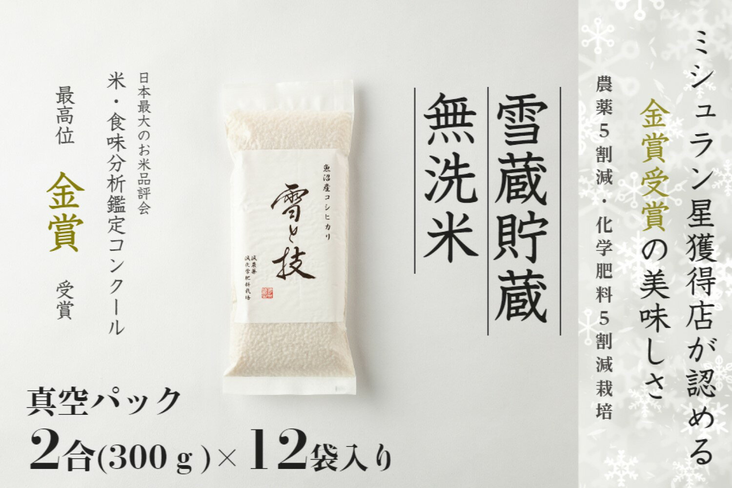 【ふるさと納税】【2025年産新米】 雪蔵貯蔵 無洗米 魚沼産コシヒカリ 雪と技 真空パック 2合 ×12袋 1回～12回 金賞受賞 農薬5割減・化学肥料5割減栽培 藤ノ木株式会のサムネイル