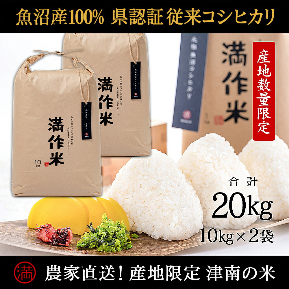 米 20kg ( 10kg × 2袋 ) 令和7年産 新米 魚沼産 コシヒカリ 県認証米 満作米 選べる配送回数 | ブランド米 こしひかり お米 おこめ こめ コメ 白米 精米 おすすめ ギフト 新潟県 津南町