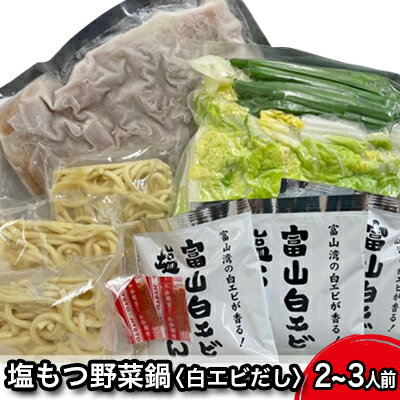 【ふるさと納税】塩もつ野菜鍋〈白エビだし〉（〆らーめん入り）2～3人前　【鍋セット モツ鍋 麺家いろは 塩もつ野菜鍋 白エビだし ラーメン 2～3人前 塩スープ セット】