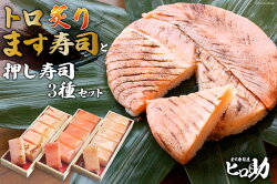 【ふるさと納税】トロ炙り ます寿司 400g×1個＆押し寿司 3種 各35g×6個 計18個 セット 鱒寿司 押し寿司 富山名物 化粧箱入 食べ比べ 冷蔵/ます寿司屋ヒロ助/富山県 黒部市　【 寿司 お寿司 海鮮 魚 魚介類 魚介 加工食品 惣菜 】･･･ 画像1