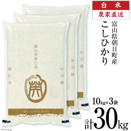 米 令和5年 こしひかり 精米 10kg ×3袋 計 30kg / クリーンみず穂 / 富山県 朝日町 [34310263] お米 コシヒカリ コメ ご飯 ごはん 白米 農家 直送 一等米