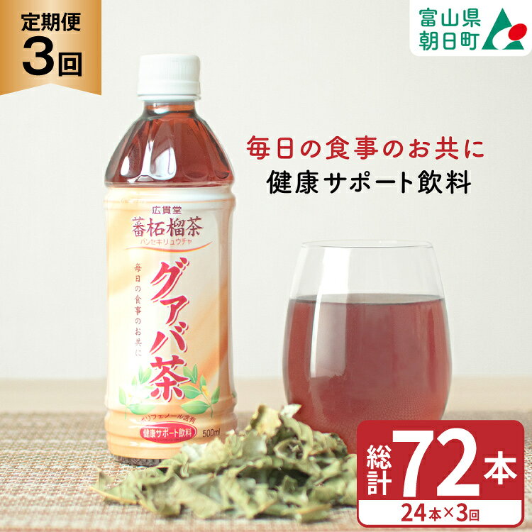 お茶 定期便 グァバ茶 500ml 24本 1ケース 3回 計72本 [広貫堂 富山県 朝日町 34310591] グアバ ノンカフェイン カロリーゼロ 健康茶 ケース 箱 リピート 黒部名水 500ml 定期