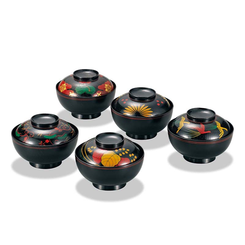 【ふるさと納税】国産・山中塗 高級品 欅4.5煮物椀 長寛5種絵 5客売 F6P-1883