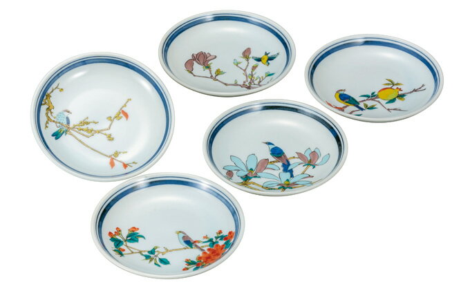 【ふるさと納税】九谷焼　4.5号皿揃　花鳥絵変り（5枚セット）a01 食器 キッチン雑貨 キッチンアイテム 雑貨 小物 お皿 丸皿 食卓 テーブルコーディネート