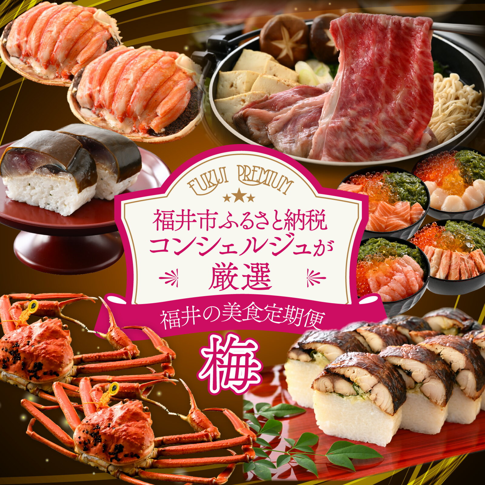 【ふるさと納税】「ふくいプレミアム　福井の美食定期便　梅コース」　定期便　計6回 / ［M-085048］ やなぎ町 プレミアム 定期便 ずわいがに 越前がに 和牛 焼き鯖 しめ鯖 福井市 甲羅盛