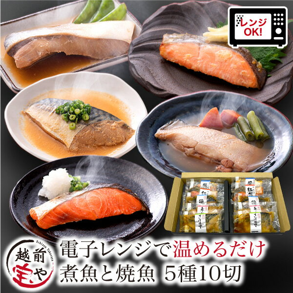 【ふるさと納税】たからや商店 越前宝や 10パック 紅鮭 銀鮭 赤ガレイ 煮付け ぶり さば お惣菜 一人暮らし レンチン 送料無料 / 煮魚 焼魚 5種10切セット 電子レンジで約1分温めるだけのサムネイル
