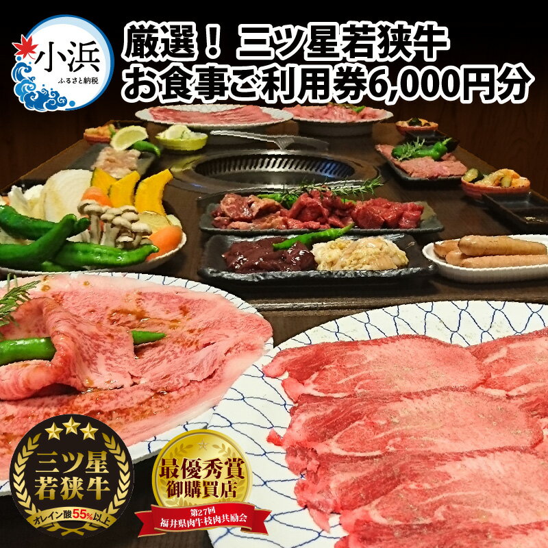 三ツ星若狭牛 五味焼のお食事ご利用券6,000円分｜お食事券 テイクアウト 焼肉 三ツ星 若狭牛 ブランド牛 和牛 厳選 A-5 等級 ランク 精肉 チケット 送料無料 [B-091001]