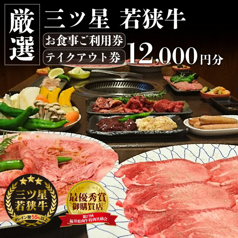 【ふるさと納税】三ツ星若狭牛 五味焼のお食事ご利用券12,000円分｜お食事券 テイクアウト 焼肉 三ツ星 若狭牛 ブランド牛 和牛 厳選 A-5 等級 ランク 精肉 チケット 送料無料 [D-091002]