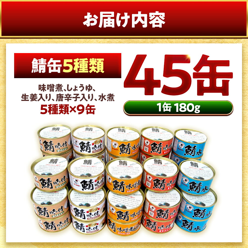 【ふるさと納税】若狭の鯖缶詰 5種食べ比べ 45缶セット (味噌煮×9缶、水煮×9缶、しょうゆ仕立て×9缶、生姜入×9缶、唐辛子入×9缶) キャンプ アウトドア おつまみ 保存食[F-075004] [BFBS008] f182044-obama-10002203 福井県小浜市 サンプル画像3