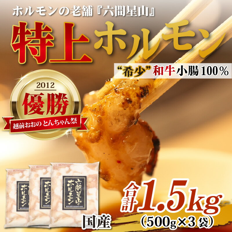 【ふるさと納税】とんちゃん祭2012年 優勝 商品！ 特上 ホルモン （和牛小腸 100％）500g × 3袋 計1.5kg 味噌 タレ付き 国産 牛肉 焼肉用 もつ鍋 [B-026001]| 星山 焼肉 バーベキュー ホルモン鍋 とんちゃん 鉄板焼 BBQ タレ漬け 小分け 老舗 焼肉店 新鮮 ホルモン焼き