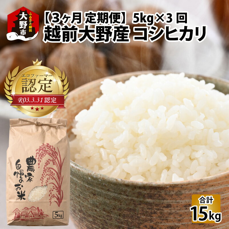 [令和5年産][3ヶ月定期便]越前大野産 エコファーマー認定農家栽培 コシヒカリ 5kg × 3回 計15kg お米・こしひかり・金賞 [C-001006]